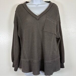 New In Waffle Knit Tunic Top Size M Taupe Oversized V Neck Pocket Boho Cozy